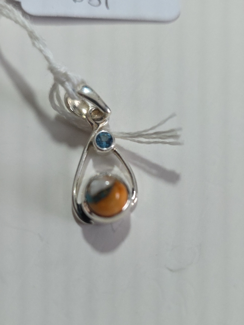 Sterling Silver Teardrop Pendant Blue Topaz and Orange Spiney Oyster,Turquise